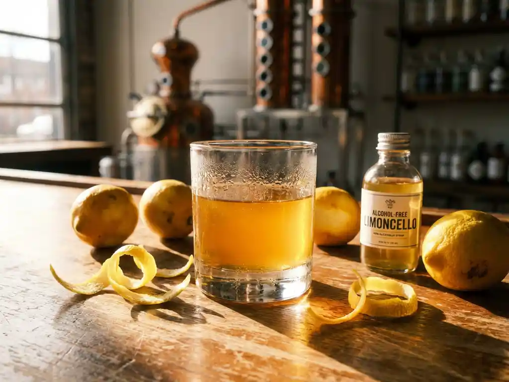 Glas non-alcoholische limoncello siroop op houten bar met verse citroenschil en Meyer citroenen in warm zonlicht