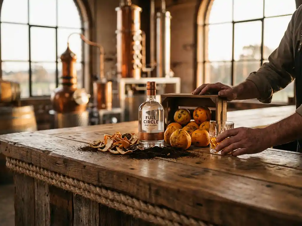 Barman plaatst glas orangecello naast Full Circle Distillery fles op verweerde houten bar met gerescuede citrusschillen