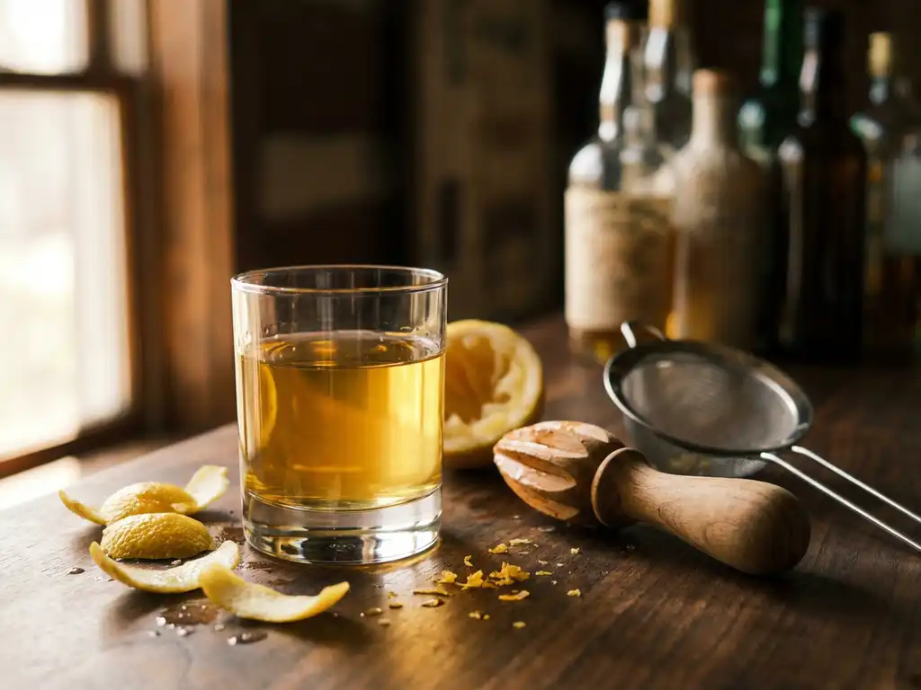 Glazen tumbler met gouden limoncello op donkere houten bar, verse citroenschillen en keukengereedschap eromheen