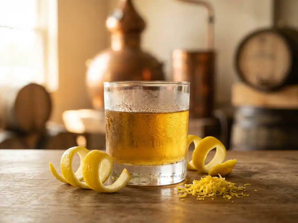 Glas limoncello op houten bar met verse citroenschillen en warme verlichting in ambachtelijke distilleerderij