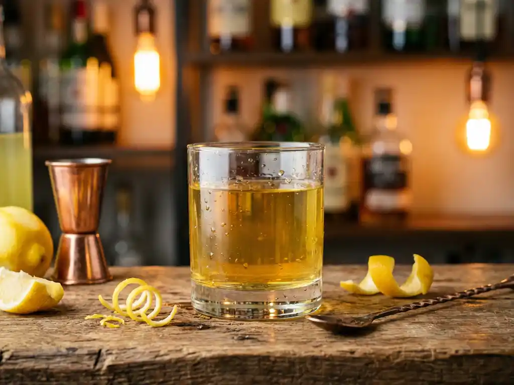 Glas limoncello op houten bar met verse citroenschil, bargereedschap en warme verlichting op achtergrond