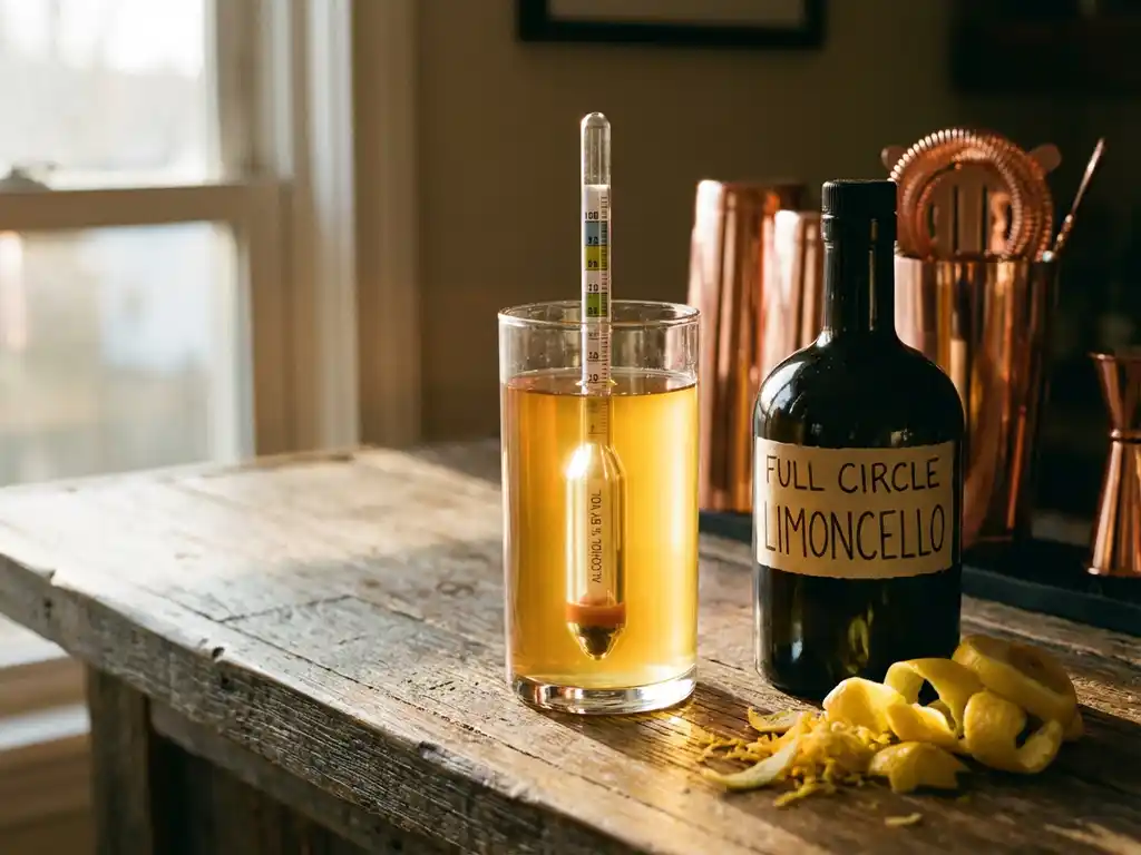 Alcoholmeter drijft in glas met gouden limoncello naast ambachtelijke fles op houten bar met citroenschil