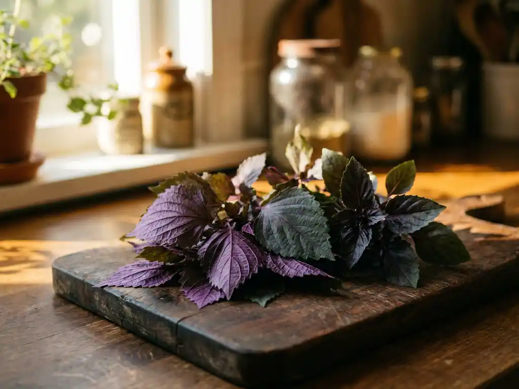 Verse paarse shiso bladeren en donkere basilicum takjes op rustieke houten snijplank in warm gouden licht